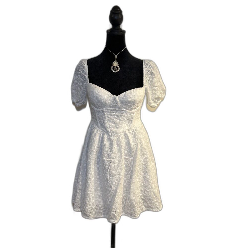 60s Coquette White Eyelet Puff Sleeve Mini Dress — Darso Broderie